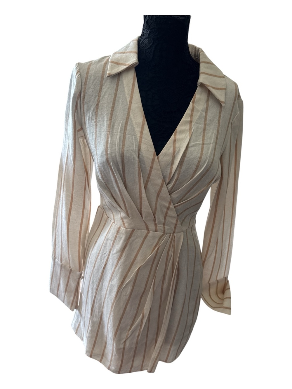 Rachel Parcell Striped V-Neck Shirt Dress in Cream and Light Brown